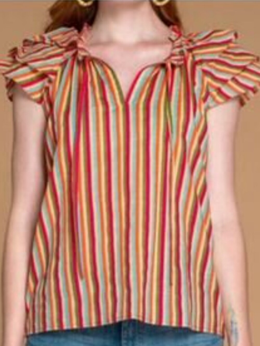 Olivia James Tied V Neck Striped Triple Ruffle Cap Sleeve Top #3644